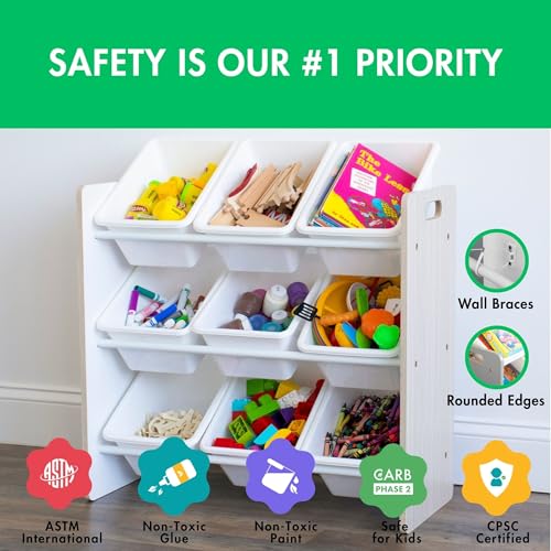 Image of Humble Crew Toy Storage Organizer with 9 Removable Storage Bins for Kids Playroom, 3-Tier Toddler Toy Organization, Light Wood /White