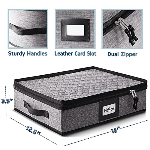 Image of Hearth & Harbor Platter Storage Cases, China Storage Containers, Grey | Hard Shell, Quilted Dish Storage with Felt Dividers, Handles and Lid for Moving, Seasonal Organization, Service of 12