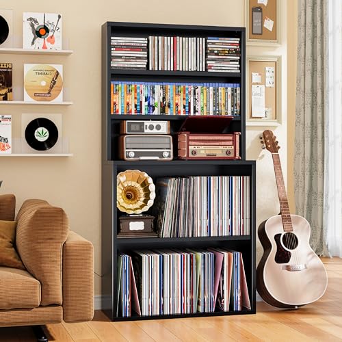 Image of Media Storage Cabinet, Heavy-Duty Metal Record Player Stand with Open Display Shelves for LPs, CDs, Books & Audio Equipment, Modern DVD Shelf Organizer for Living Room, Home Office, Black