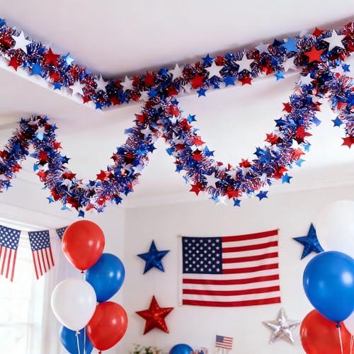 Image of 50Ft 4th of July Tinsel Garland Decorations, Glitter Red White Blue Star Metallic Patriotic Garland for Independence Day Memorial Day Car House Decor, Indoor Outdoor Party Supplies (50ft)