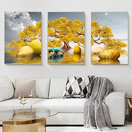 Peinture abstraite style nordique feuille et cerf 50x70cm lot de 3