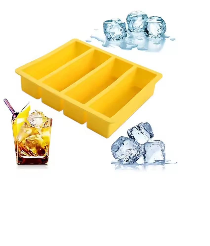 Image of Ice Trays for Freezer Bpa Free 4 Big Rectangle Ice Cube Mold Giant Jumbo Large Food Grade Ice Cube Tray Mold DIY Ice Maker Ice Cube Tray,1 Pcs for Cocktail & Bourbon - (Yellow, Standard, Rectangular)
