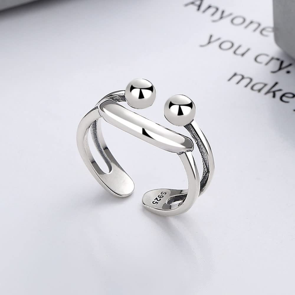 925 Sterling Silber Doppelter geometrischer Öffnungsring, Kreativer Ausdruck Smiley Ring, Einfacher Schmuck Geschenke für Männer und Frauen