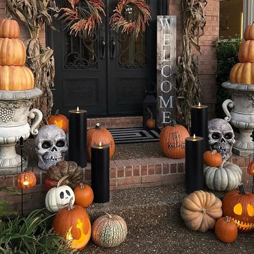 Image of Waterproof 4 inch x 12 inch Flameless LED Remote Candles, Battery Operated Flickering Fake Timer Pack of 2 Tall Large Plastic Black Pillar Lasting 420 Hrs Outdoor Candles for Halloween Festival