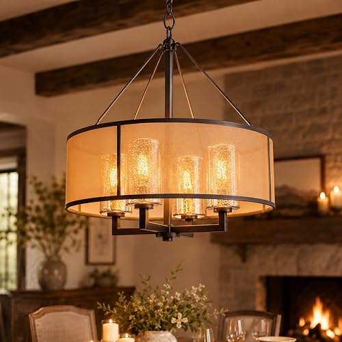 ALOADECOR 24 Inch 4-Light Oil Rubbed Bronze Chandelier with Drum Shade Mercury Glass Modern...