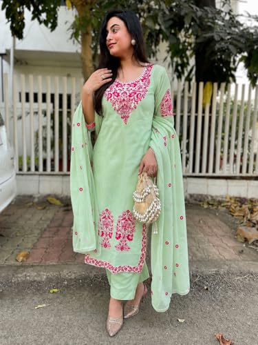 Image of GoSriKi Kurta Sets for Women Viscose Embroidered | Kurta Pant Dupatta Set | Straight Kurti Set for Women | Round Neck 3 /4 Sleeve Ethnic Suit | Designer Indian Kurti Outfit with Pants