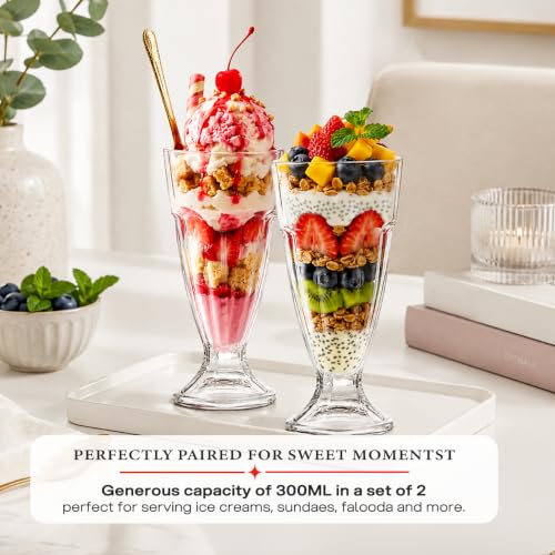 Image of CELLO Falooda Glass Set of 2 Pcs 300ml, Transparent | Freezer & Fridge Safe, Leadfree Dishwasher Safe Toughened Crystal Clear Glasses Set for Drinking Juice Milkshake Cocktail Mocktail Coldrinks Soda