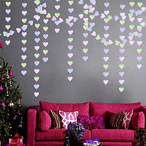 Image of Iridescent Disco-Holographic Heart Garland - 52Ft Wedding Hanging Decoration Neon Streamers Banner, Perfect for Bridal Shower, Birthday, Baby Shower, Engagement, Valentines Day Decor