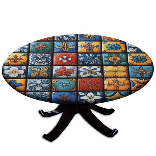 Lsiurisi Tablecloth Size Calculator, Vintage Tile Mosaic Pattern Printed on Oilproof Circle Table Cover, for Business Meetings and Office Functions, Fit for 36" Tables