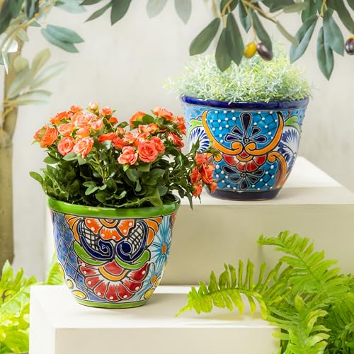 Evergreen 7 inch Talavera Mexican Pottery Ceramic Green Detailed Baul Set of 2 Flower Pot Plant Succulent Indoor Outdoor