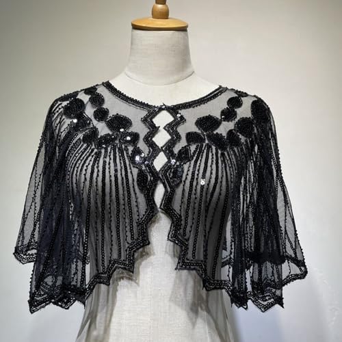 Capa de lentejuelas vintage con detalles de cuentas, chal de los años 20, gran estilo retro, cubierta de fiesta, elegante envoltura de noche para bodas o eventos formales (negro)