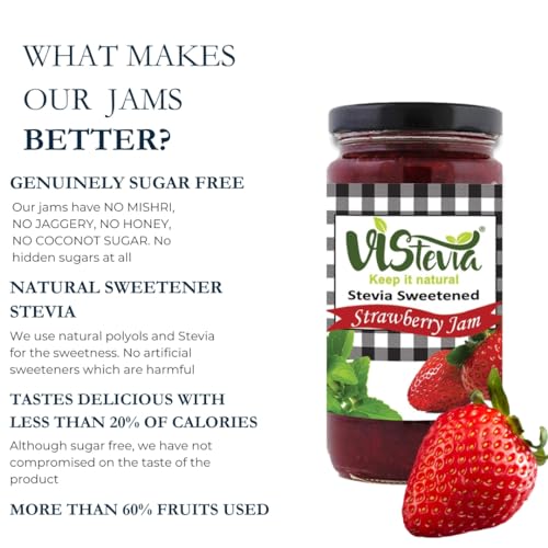 Image of Vistevia Sugar Free Mixed Fruit Jam & Strawberry Jam, Diabetic and Keto Friendly - Sweetened Naturally with Stevia, More Than 60% Fruit Content - Tastes Delicious - Pack of 2 (400 * 2 GM)