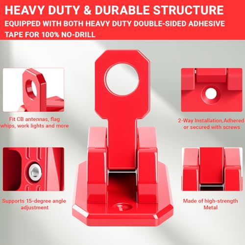Image of CB Antenna Mount, 2-Way Installation Universal Heavy Duty No-Drill CB Antenna & Flag Whip Mount Bracket Kit, Adhesive Tape & Screw Mount for Trucks, RV, Off-Road Vehicles, Boat, Motorcycle (Red)