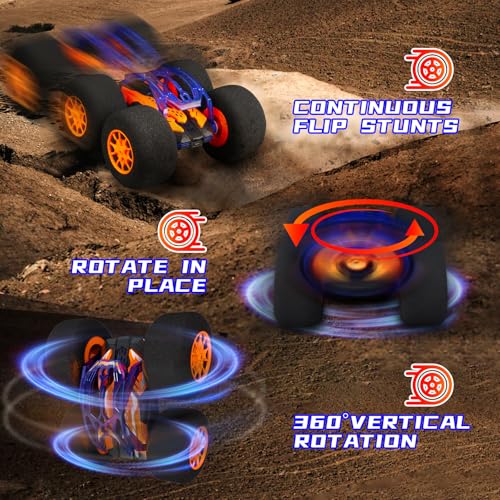 Image of Indoor RC Car Stunt Remote Control Car Toys with Soft Wheels RC Cars for Kids Indoor Outdoor with LED headlight & Crazy Stunts 360 Flips Double Sided Vehicle 2.4GHz Remote Control for Boys Girls Gift