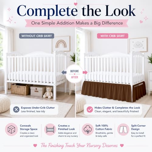 Image of Chocolate Ruffled Crib Bed Skirt - 100% Cotton - Nursery Dust Ruffle Bedding Skirts for Baby Boy or Baby Girl - Standard Crib, 14 inch Drop | Nursery Standard Crib Bedding Bed Skirt for Baby Boys and Baby Girls. Hides Under-Crib Storage for a Neat Appearance