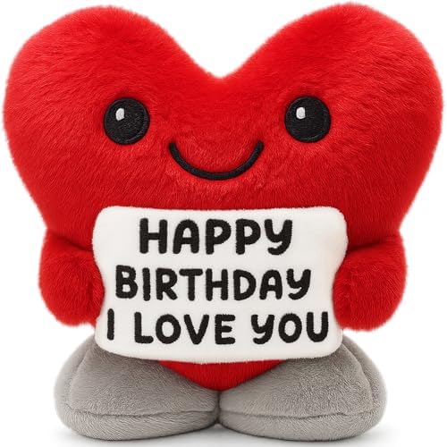 Jettryran Happy Birthday Gifts for Men Women Friendship Husband Mom Dad Him Her Teen Girls Boys Bestie Fluffy Stuffed Animals Positive Inspirational Red Heart Christmas Decorations for Home - 5.7inch