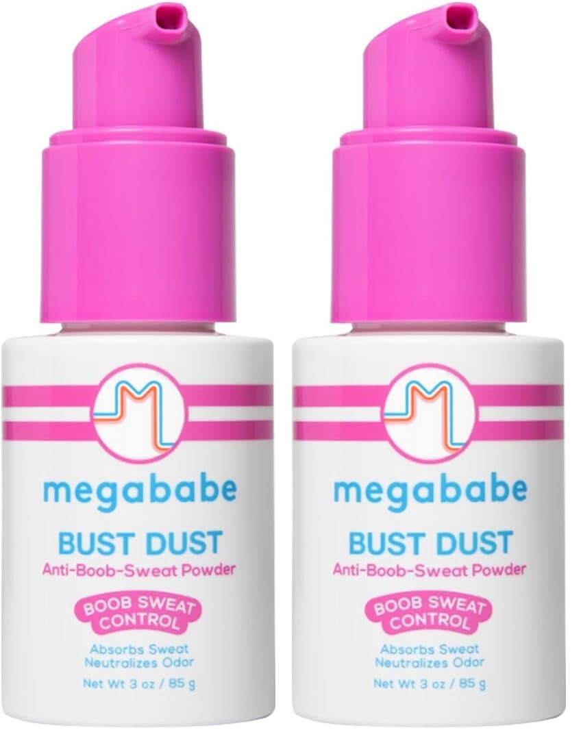 Megababe Sweat Absorbing Body Powder - Bust Dust, with Applicator Pump, Summer and Hot Weather Must-Have, Talc-Free, All Natural, 3 oz (Pack of 2)