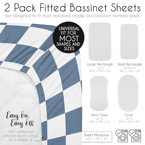 Image of Sweet Jojo Designs 2-Piece Baby Bassinet Sheets Set (Blue Gingham Checkered Plaid) for Boys, Infant Newborn Nursery, Oval, Rectangle & Hourglass Mattress (Solid Steel & Vintage, Classic, Checkerboard)