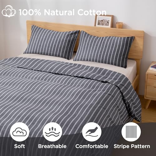 Image of TOCOMOA Striped Duvet Cover Set 100% Natural Cotton, Grey & White, King