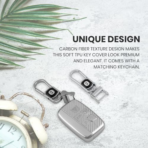 Image of keyzone Silverstar TPU Smart Key Cover with Keychain made for Jaguar XF, XJ, XE, F-PACE, F-Type, made for Range Rover Evoque, Velar, Discovery, LR4, Sport, 5-Button smart key (Silver)