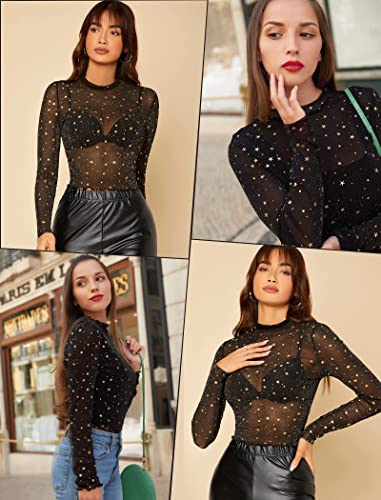 Image of Avidlove Womens Mesh Long Sleeve Bodysuit Round Neck Sheer Leotards Geo Print Bodysuit Top with Snap Crotch