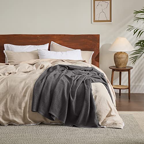 Image of Bedsure 100% Cotton Blanket Full Size for Bed - Breathable and Soft for Summer, Thick Cozy Waffle Weave Blanket Gifts for Women, Dark Grey, 80x90 Inches