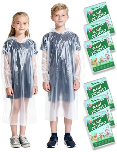 SWOGAA Disposable Rain Ponchos for Kids 6 Pack - 50% Extra Thicker Boys or Girls Waterproof Emergency Rain Ponchos with Hood - Clear