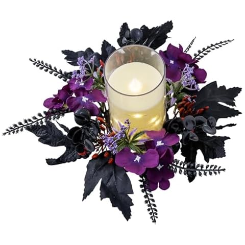 Halloween Candle Rings Purple Flower Wreath Artificial Black Leaf Candle Holder 11" for Halloween Centerpieces Fall Home Garland Farmhouse Party Tables Decor Cover
