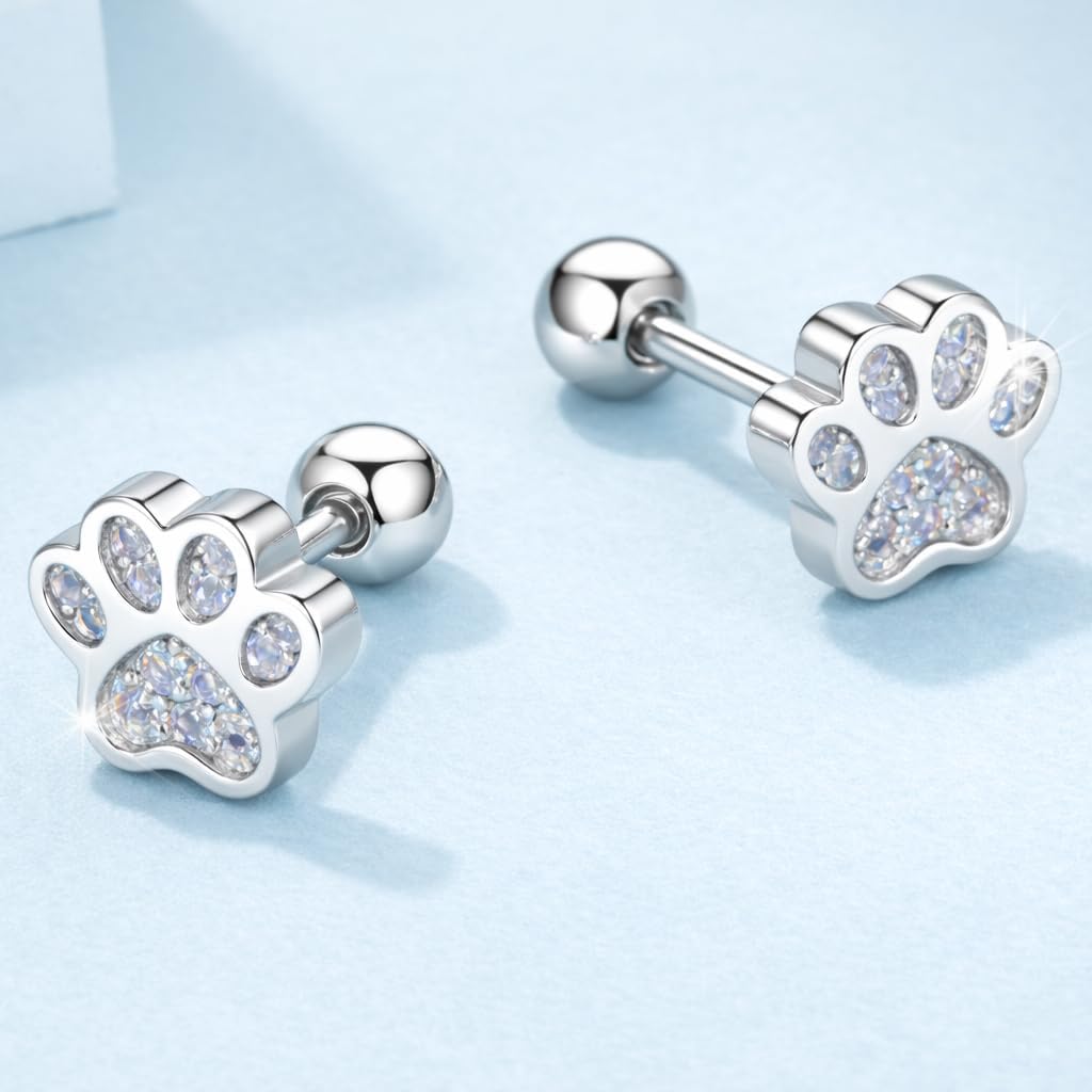 Rose Gold Cat Stud Earrings, Dog Paw Earrings, Pink Glass Crystal, Rhinestone Accents, 0.63 x 0.35 inches - Cat Earrings Gift
