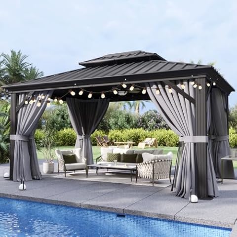 Aoxun 10'x12' Hardtop Gazebo, Aluminum Frame Canopy with Double Galvanized Steel Roof, Outdoor Metal Pavilion with Netting, and LED Outdoor Waterproof Hanging Lights Cover