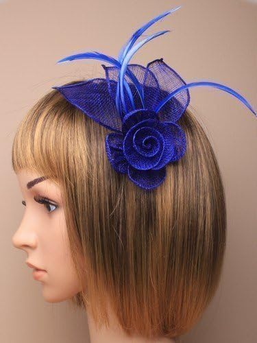 AllsortsStunning Royal Blue Fascinator in neat hessian and feather with clip and brooch pin for special occasions by fascinator