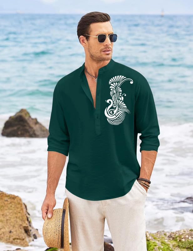 Image of FINIVO FASHION Men's Printed Cotton Blend Short Kurta with Artistic Chest Design | Stylish Full Sleeve Casual Kurta with Mandarin Collar for Daily, Travel Soft Textured