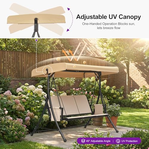 Image of PURPLE LEAF Porch Swing with Adjustable Tilt Canopy 3-Seat Patio Swing with Stand and Metal Steel Frame All-Weather Outdoor Swing Chair Seat for Backyard Garden Deck Balcony (Cream)