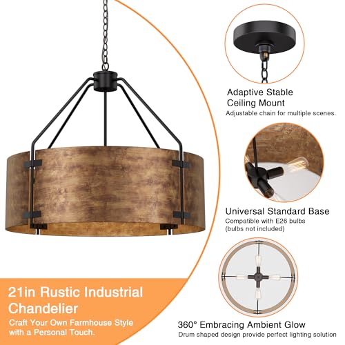 Espird Farmhouse Drum Chandelier, 4-Light, 22in Pendant Light Fixture Over Table, Kitchen Island Pendant with Adjustable Chain, Rustic Industrial Chandelier for Foyer, Bedroom, Living Room - Thumbnail 4
