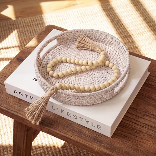 Mifoci 10.63" Round Decorative Rattan Tray with Wooden Bead Garland Linen Book Decor Set Modern Farmhouse Decor for Coffee Table Centerpiece Kitchen Island Entryway Home Shelf Housewarming Gifts