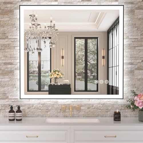 Amorho 40" X36" LED Bathroom Mirror with Black Frame, Front Light and Backlit(Controlled Separately), Stepless Dimmable, Anti-Fog, Shatter-Proof, 3 Colors, Memory