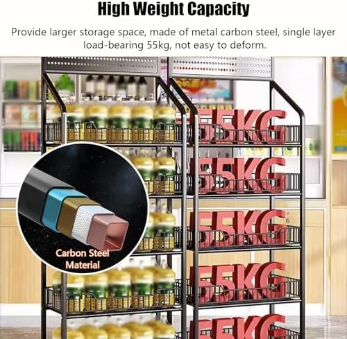 Free Standing Display Racks Mobile Storage Racks Cigarette Racks Supermarket Racks，Black Metal Snack Organizer, Floorstanding 5 Basket Large Capacity Utility Cart with Swivel Casters, Open F
