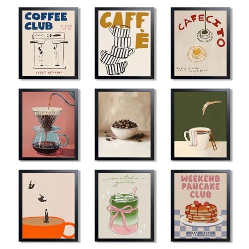 FloralGrace Set de 9 Pósters Vintage de Café, Póster de Cocina de Matcha Latte y Panqueques, Decoración Italiana Estética, Imágenes de Cocina para Barra de Café 20x30CM Sin Marco