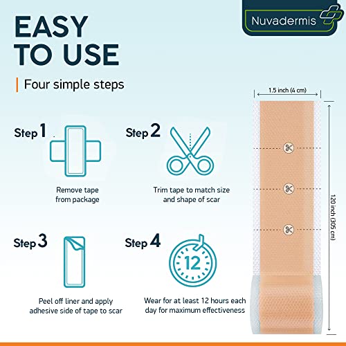 Nuvadermis Silicone Scar Tape For Surgical Scars - 120" X 1.5" Roll - Extra Long Scar Sheets For C-Section, Tummy Tuck, Keloid, And Surgical Scars - Reusable Medical Grade Silicone Scar Tape #TOP4