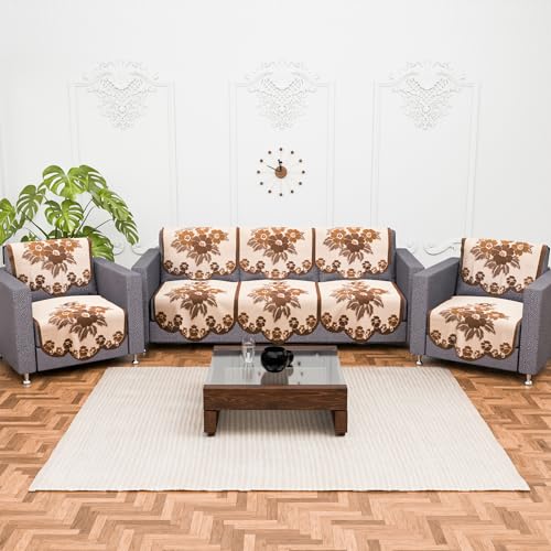 Image of Kuber Industries (Set of 10) Stylish & Durable Cotton Sofa Covers 5 Seater | Washable Sofa Protector /Mat & Slipcover for Hall, Living Room & Office | Painting Print- Cream & Brown