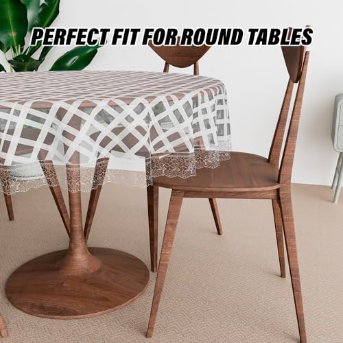 Image of Kuber Industries Round Table Cover | PVC 4 Seater Table Cloth for Round Tables | Self Check Kitchen Dining Tablecloth | 60 Inch | White