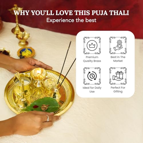 Image of Ekhasa 100% Pure Brass 10 Inch Pooja Thali Set | Puja Thali Set for Home Or Gifting | Brass Aarti Thali For Pooja, Mandir, Wedding, Festivals | Pital Pooja Set Items For Home Decorative | Peetal Plate