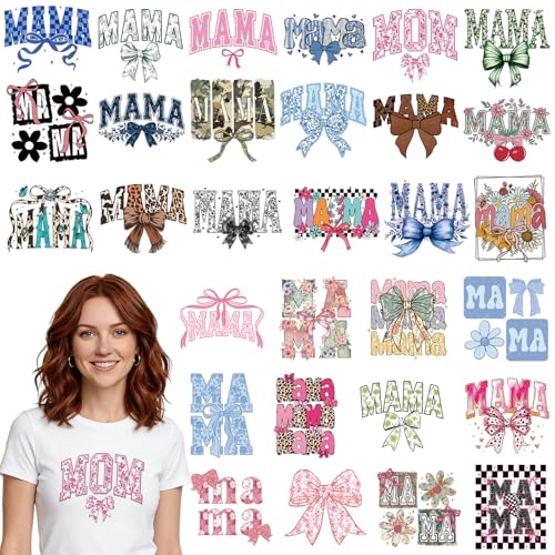 Dazoratix Mothers Day Iron on Transfers - 30 Sheets Mama Bow DTF Ready to Press Heat Patches Bulk Cute Mom Stickers Vinyl Decals for Women T Shirts Clothes Pillow Bag Hat Gifts DIY Crafts Decorations