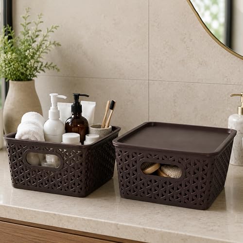 Image of JD Fresh Pack of 3 Premium Plastic Storage Basket with Lid /Smooth Handle Design & Stackable Storage Organizer /Durable Kitchen Storage Basket for Clothes, Vegetables, Fruits, Toys and Stationery(Brown)