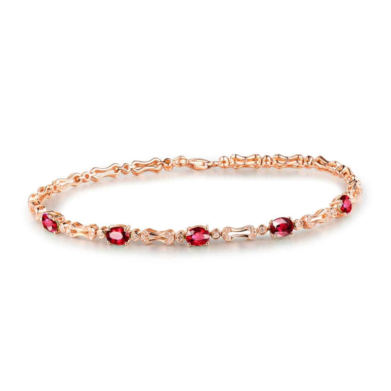 Pulseras Mujer Oro Rosa 9K / 14K / 18K, Oval con Rubí de 2 ct y Diamante de 0,62 ct, Cadena 16 CM, Pulseras Oro Rosa Mujer de