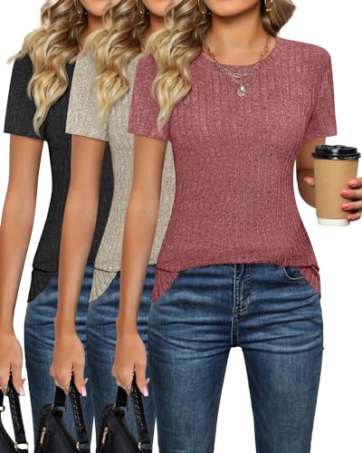 Ficerd 3 Pack Women's Knit Tops, Short Sleeve Crew Neck Shirts Summer Casual Loose Fit Tunic Tops Ribbed Basic Tee Blouses (Black, Apricot, Wine Red,X-Large)