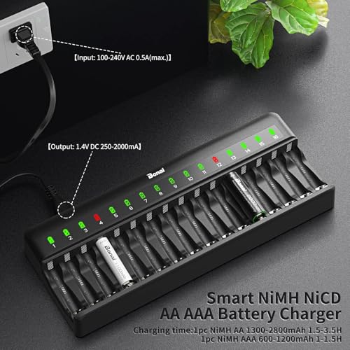 BONAI AA AAA Akku Ladegerät 16 Slot Universal LED Batterieladegerät Intelligentes Akkuladegerät Smart Battery Charger für AA/AAA NI-MH NI-CD Wiederaufladbar Batterien, Schwarz