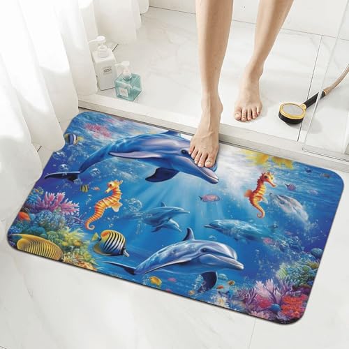Mexpekil Tapis de bain absorbant antidérapant et lavable Motif dauphins sous-marins hippocampes 40 x 60 cm