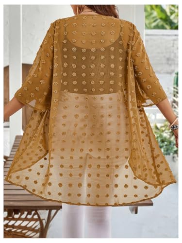 OYOANGLE Women\'s Plus Size Lace Sheer Open Front Cardigan Lightweight 3/4 Sleeve Ruffle Kimono Outerwear Brown 4X-Large Plus