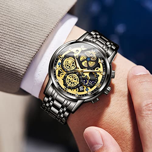 Image of OLEVS Skeleton Watch for Men Stainless Steel Chronograph Watch for Men Classic Waterproof Mens Watches with Date Luxury Business Men's Analog Wrist Watches, relojes para Hombres Blue /Black /Gold /White
